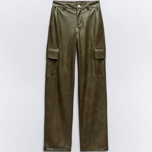 Zara Full Length Faux Leather Pants in Dark Khaki